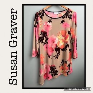 Susan Graver Floral Asymmetrical 3/4 Sleeve Tunic Size S